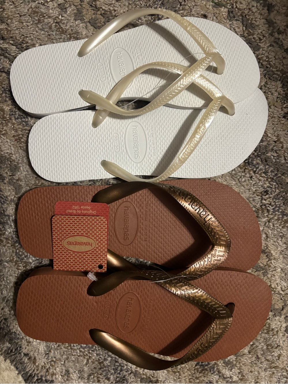 Havaianas Two-Pack Flip Flops in White and Brown with Gold Straps